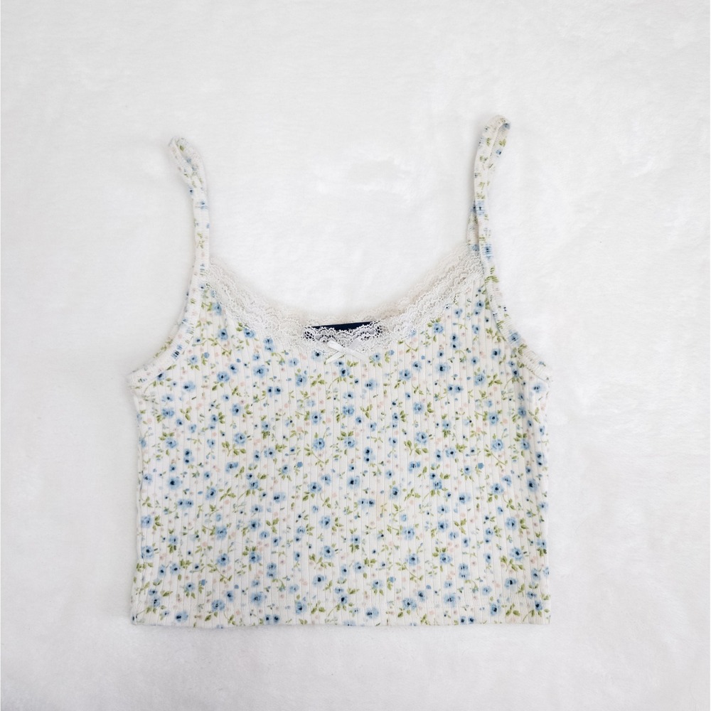 Brandy Melville Floral Tank Top - Ribbed‎ Lace Trim - Cute Cottagecore